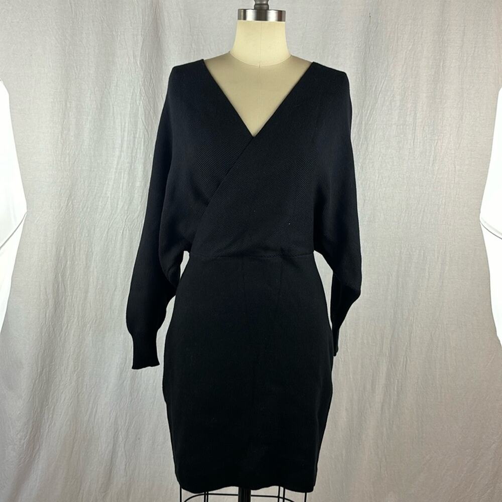 V-neck Rib Knit Dolman Sleeve Sweater Dress in Black